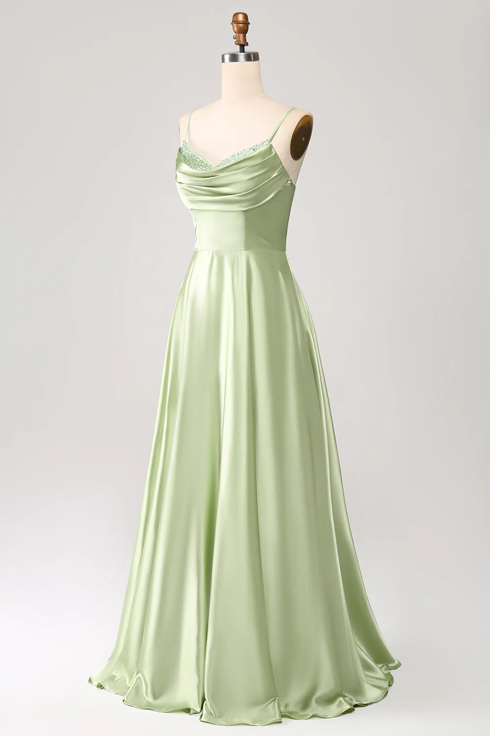 Green A-Line Cowl Neck Spaghetti Straps Maxi Dress With Sequins