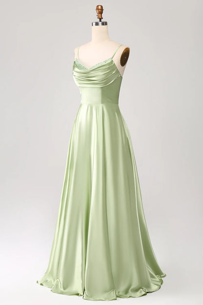 Green A-Line Cowl Neck Spaghetti Straps Maxi Dress With Sequins