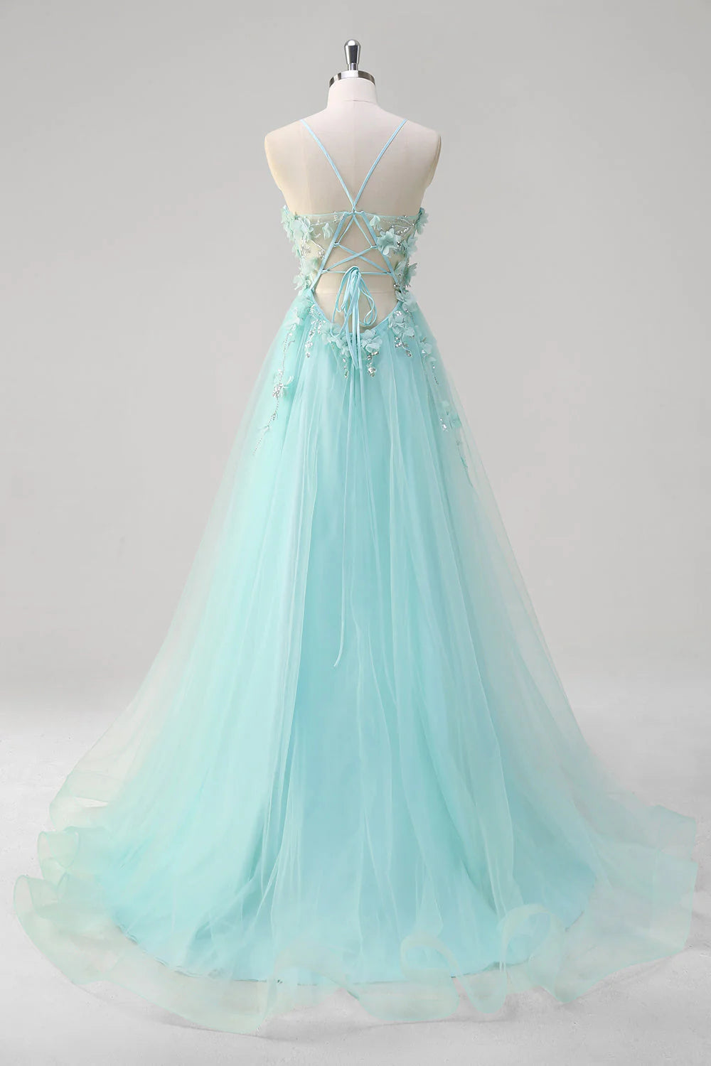 Green A-Line Spaghetti Straps Sequin Tulle Prom Dress With 3D Flowers