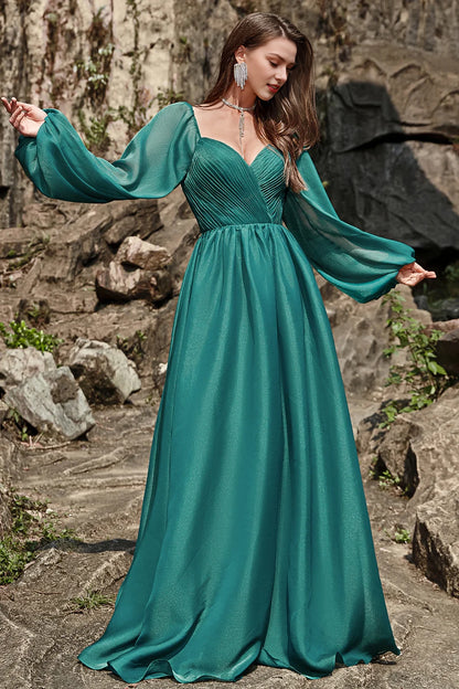 Green A Line Off Shoulder Long Sleeves Long Bridesmaid Dress with Ruffles