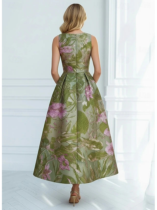 Green Floral Jacquard Sleeveless Pocket Midi Evening Dresses