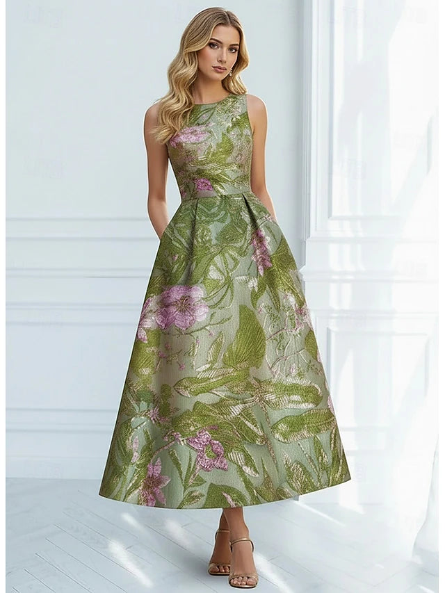 Green Floral Jacquard Sleeveless Pocket Midi Evening Dresses
