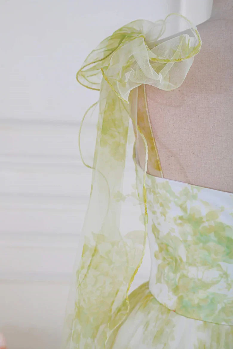 Green Floral Tulle Ruffle Strap Tiered Maxi Prom Dress For Special Events