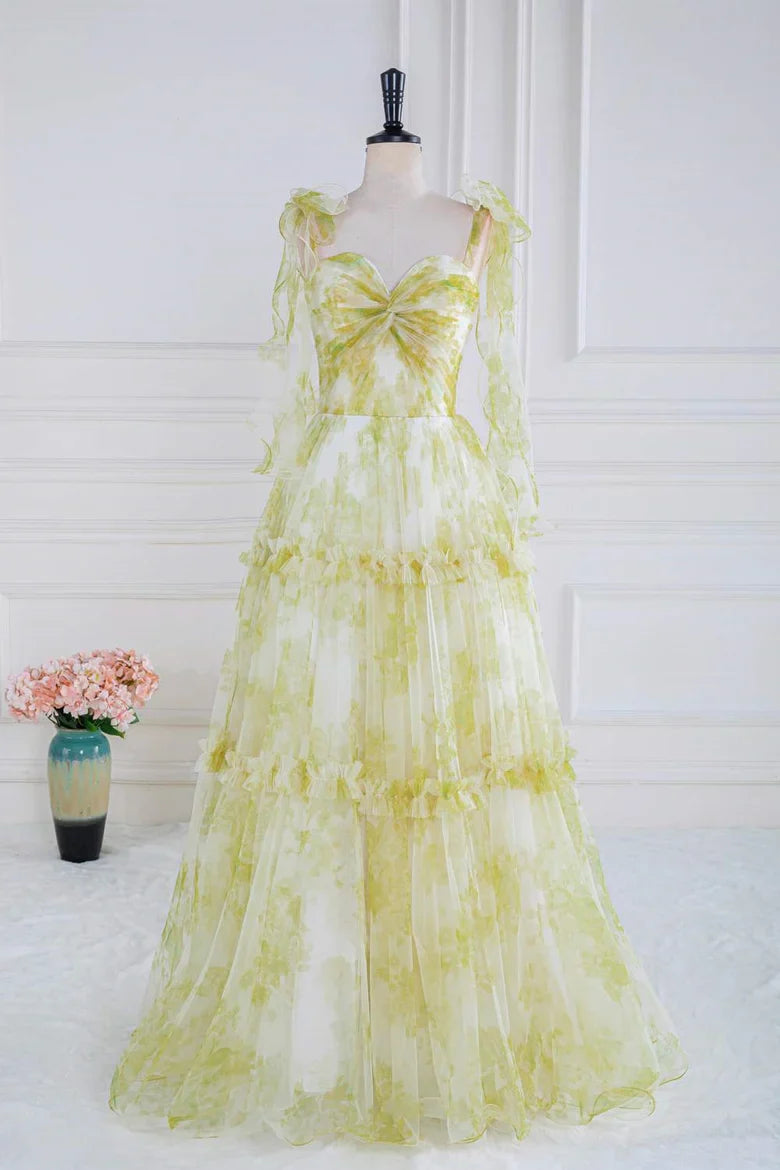 Green Floral Tulle Ruffle Strap Tiered Maxi Prom Dress For Special Events