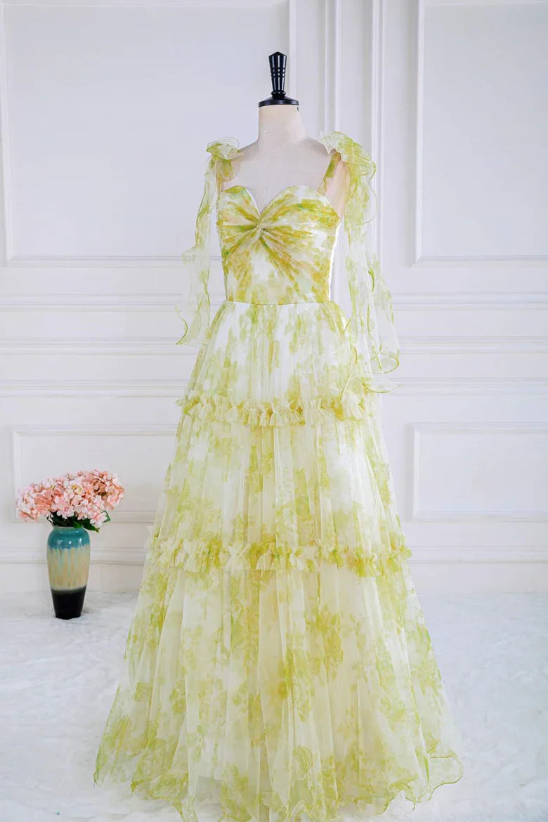 Green Floral Tulle Ruffle Strap Tiered Maxi Prom Dress For Special Events