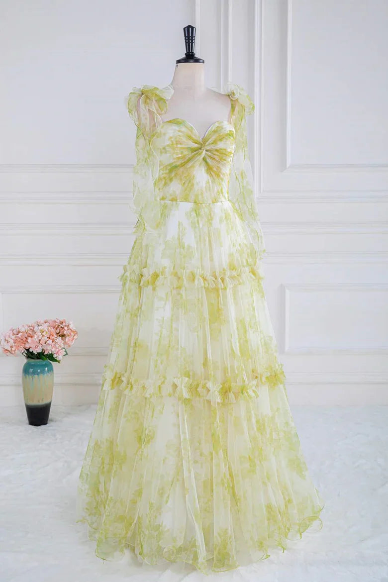 Green Floral Tulle Ruffle Strap Tiered Maxi Prom Dress For Special Events