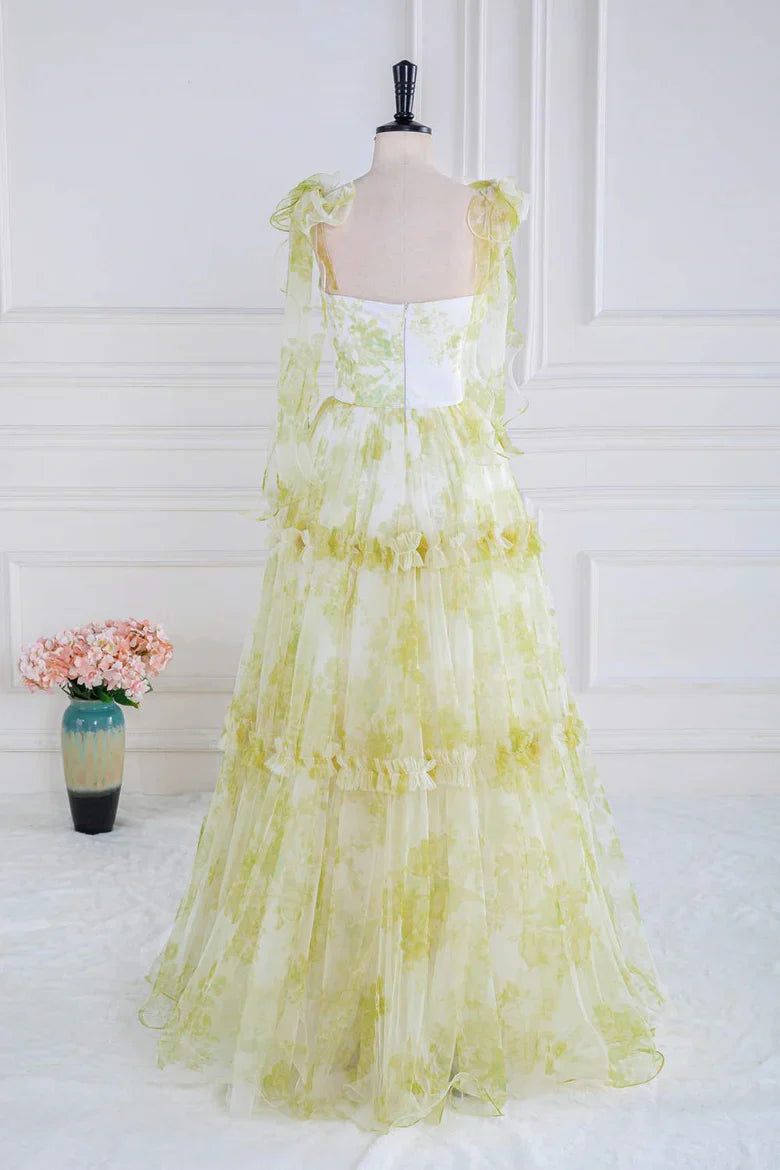 Green Floral Tulle Ruffle Strap Tiered Maxi Prom Dress For Special Events