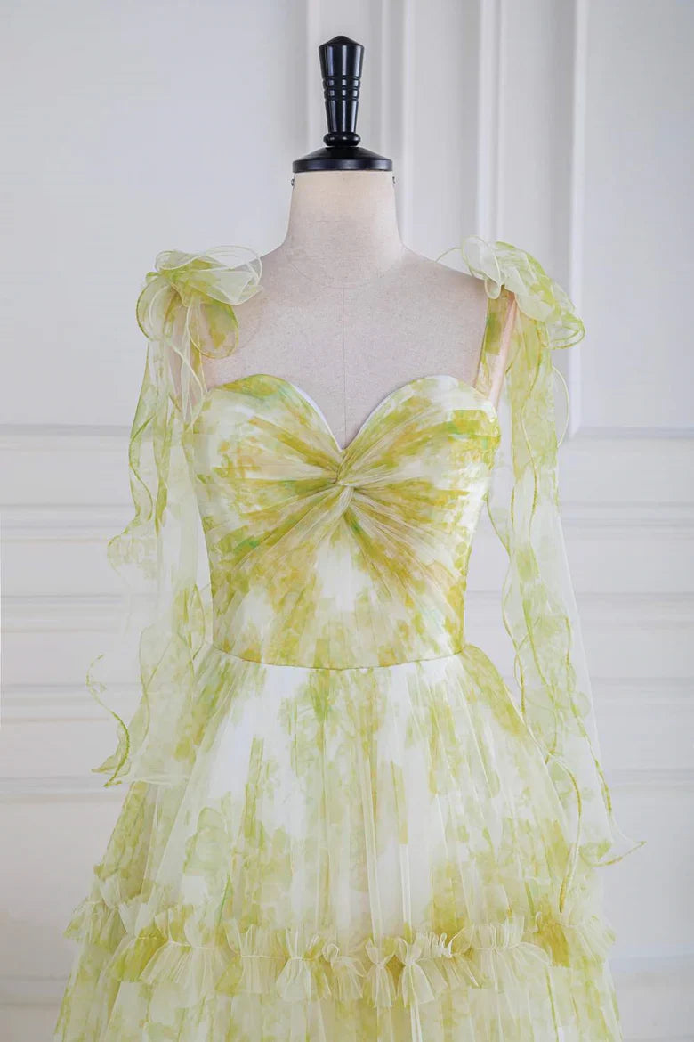 Green Floral Tulle Ruffle Strap Tiered Maxi Prom Dress For Special Events