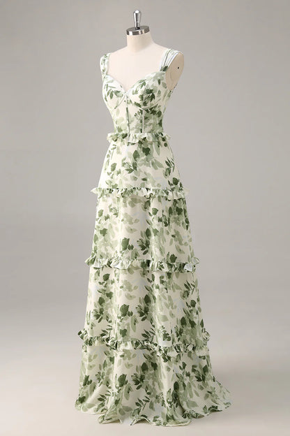 Green Flower A Line Corset Tiered Floor Length Dress with Lace Up Back