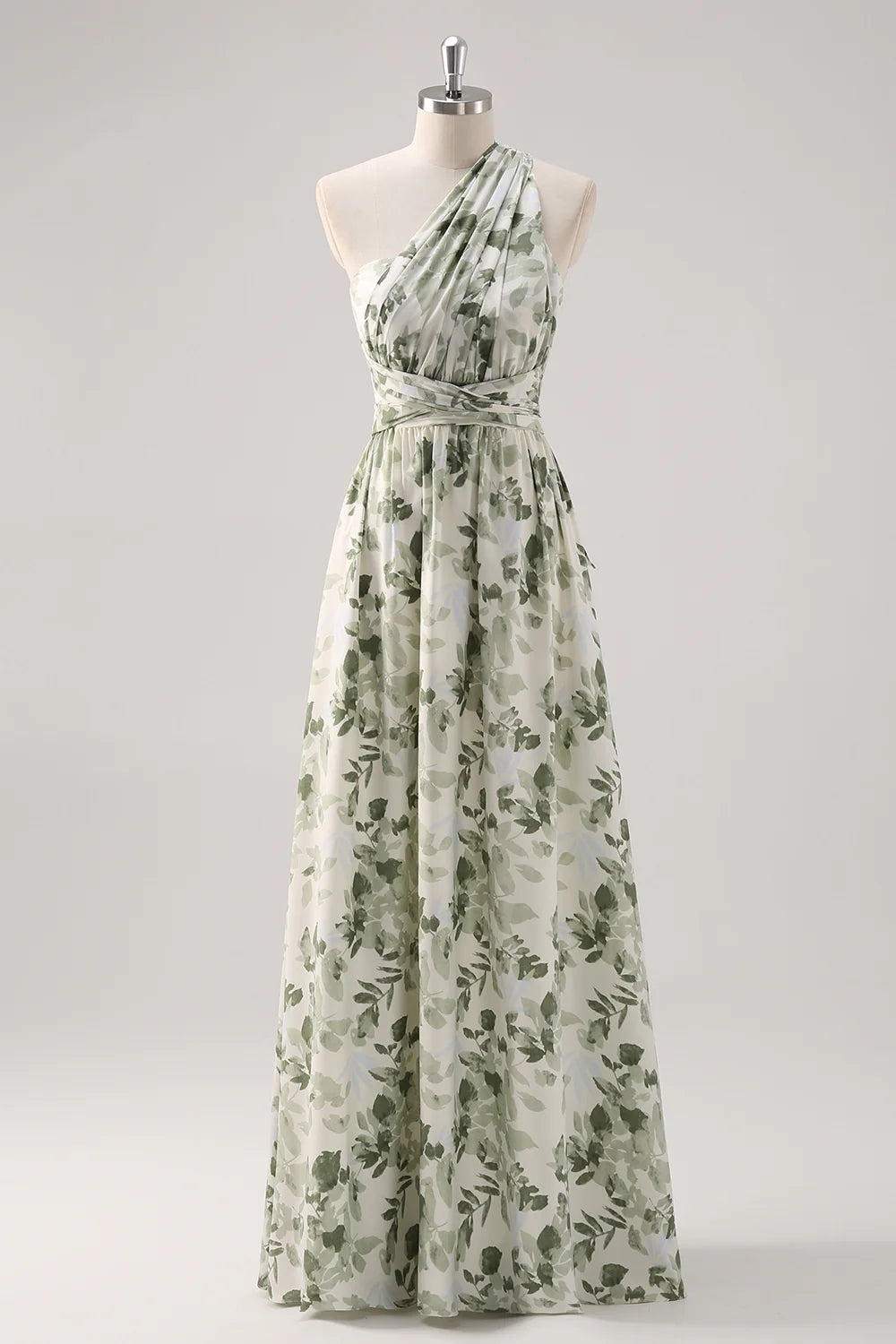 Green Flower A Line One Shoulder Convertible Design Bridesmaid Dress