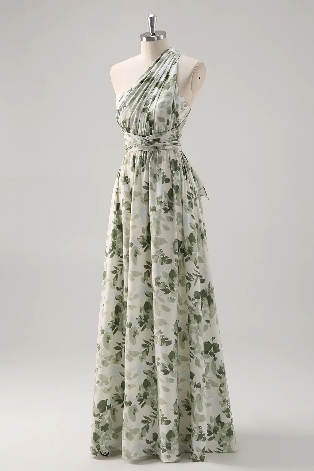 Green Flower A Line One Shoulder Convertible Design Bridesmaid Dress