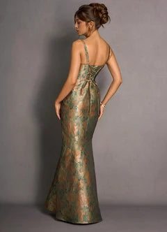 Green Gold Jacquard Square Neck Lace-Up Back Mermaid Maxi Evening Dresses