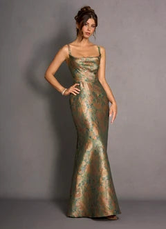 Green Gold Jacquard Square Neck Lace-Up Back Mermaid Maxi Evening Dresses