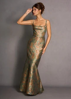Green Gold Jacquard Square Neck Lace-Up Back Mermaid Maxi Evening Dresses