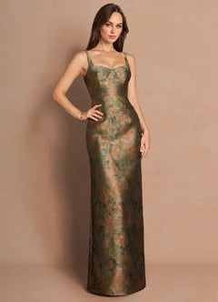 Green Gold Jacquard Sweetheart Neck Sleeveless Mermaid Maxi Evening Dresses