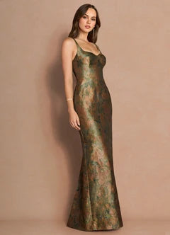 Green Gold Jacquard Sweetheart Neck Sleeveless Mermaid Maxi Evening Dresses