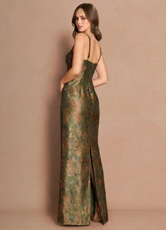 Green Gold Jacquard Sweetheart Neck Sleeveless Mermaid Maxi Evening Dresses