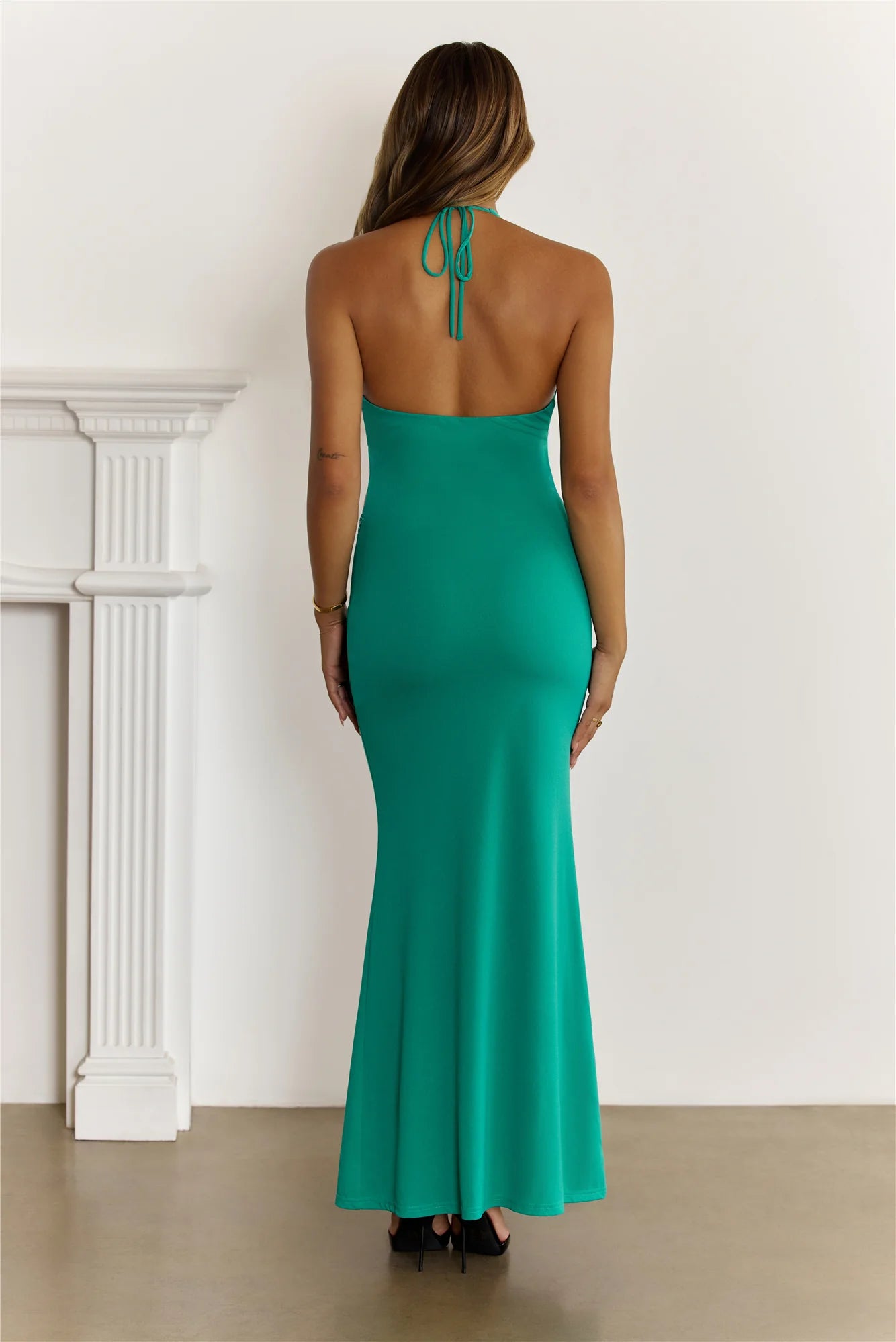 Green Halter Cutout Two-Piece Mermaid Maxi Evening Dresses