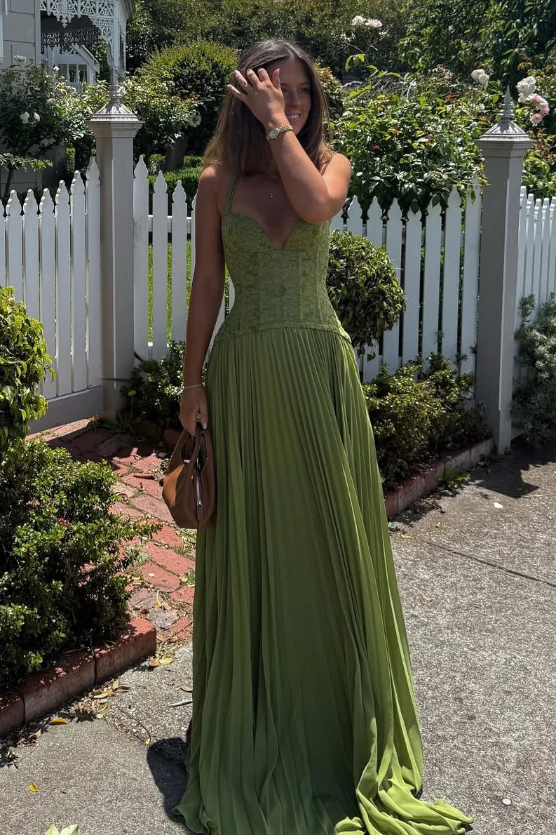 Green Lace Corset Halter Pleated Maxi Evening Dresses