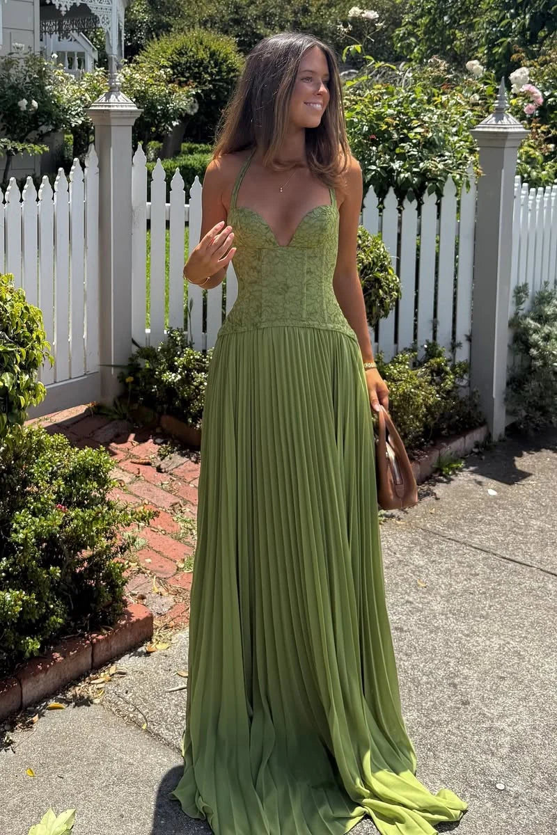 Green Lace Corset Halter Pleated Maxi Evening Dresses