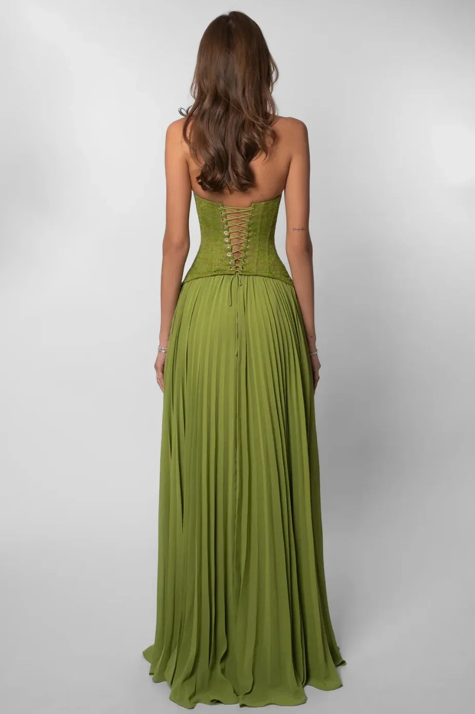Green Lace Corset Halter Pleated Maxi Evening Dresses