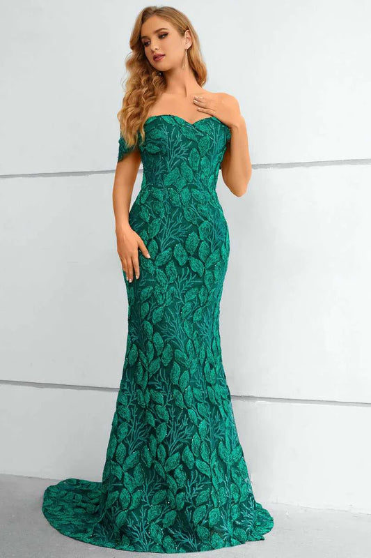Green Lace Off-the-Shoulder Mermaid Long Formal Gown