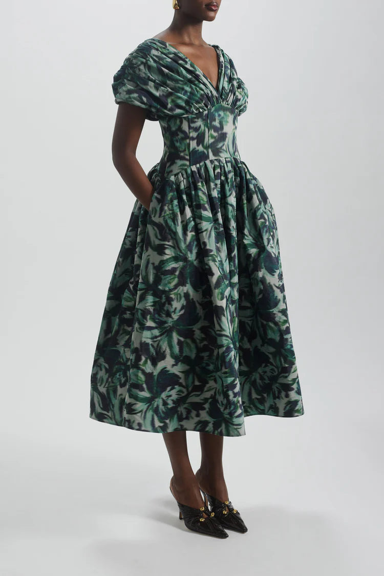 Green Leaf Print Draped V-Neck Corset Midi Evening Dresses