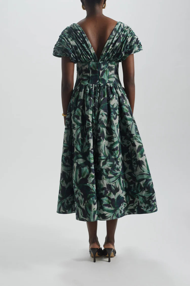 Green Leaf Print Draped V-Neck Corset Midi Evening Dresses