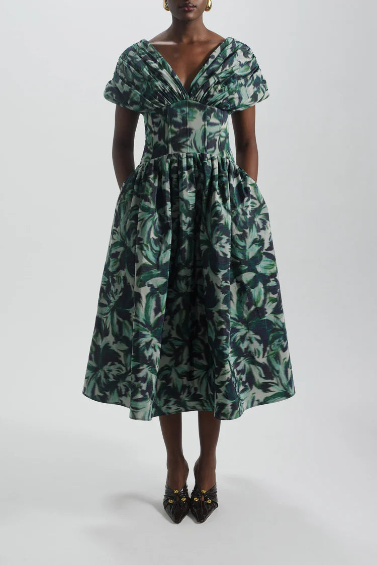 Green Leaf Print Draped V-Neck Corset Midi Evening Dresses