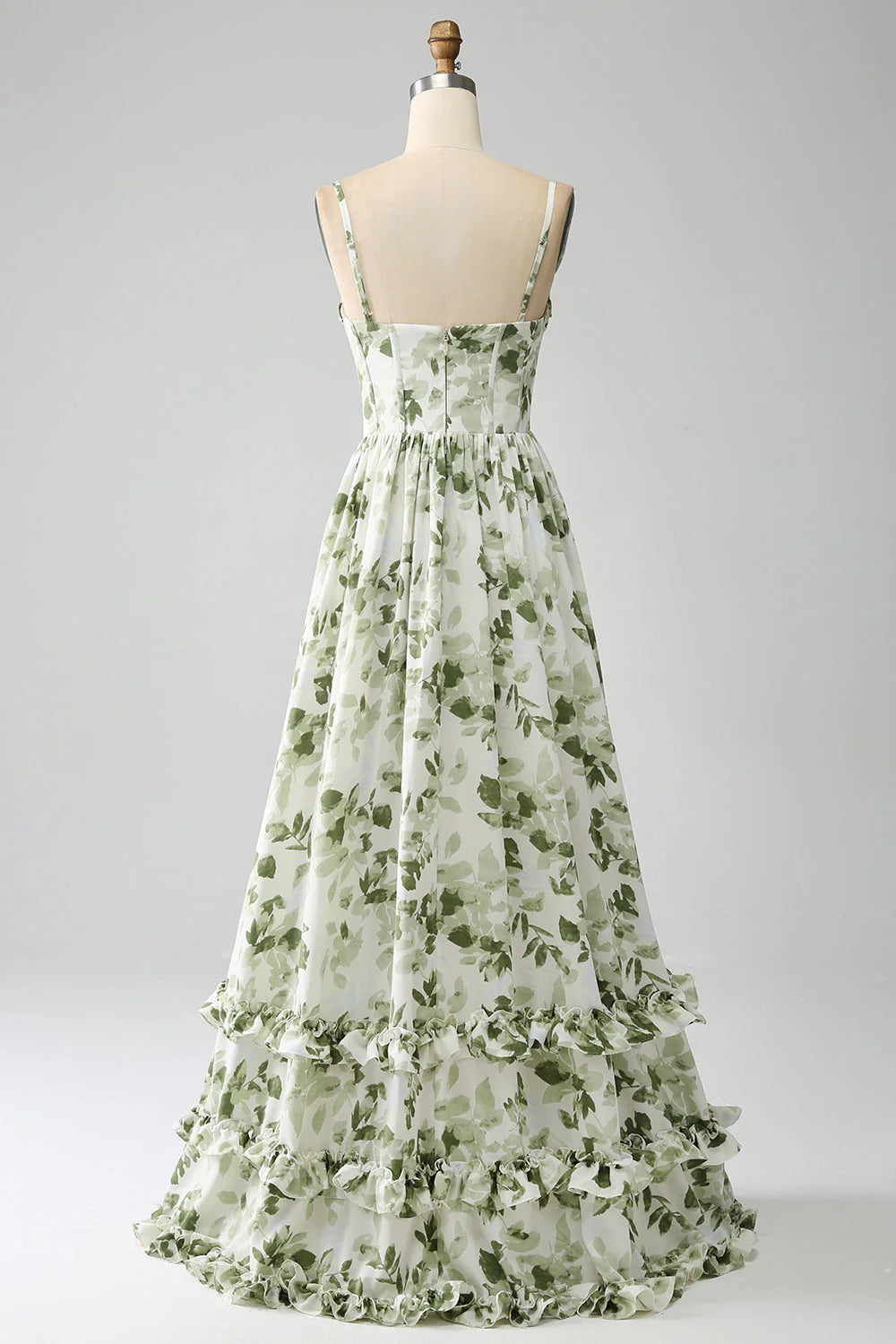 Green Leaf Print Sweetheart Neck Chiffon Evening Dress