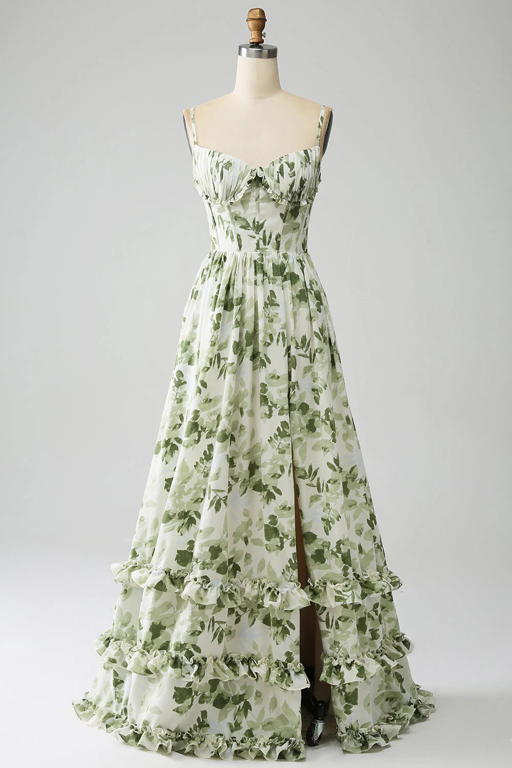 Green Leaf Print Sweetheart Neck Chiffon Evening Dress