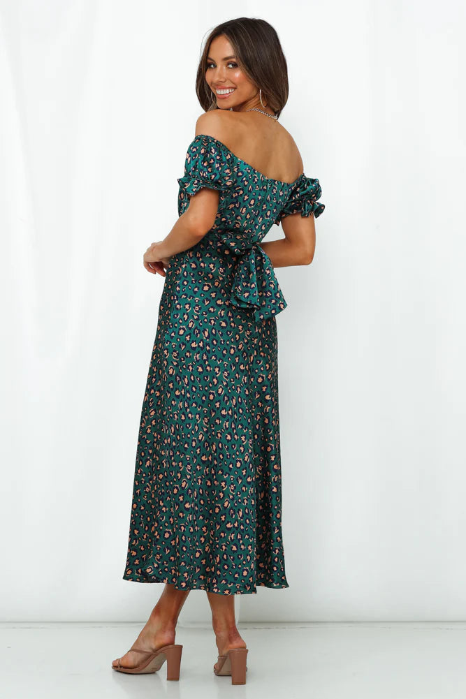 Green Leopard Print Off Shoulder Ruffle Midi Evening Dresses