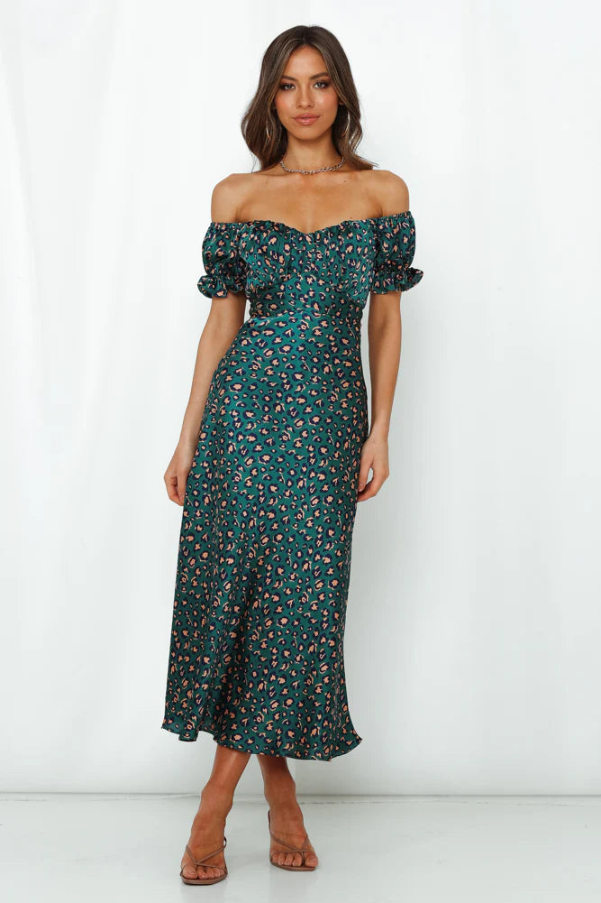 Green Leopard Print Off Shoulder Ruffle Midi Evening Dresses