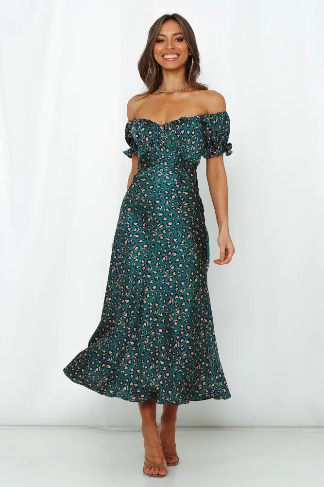 Green Leopard Print Off Shoulder Ruffle Midi Evening Dresses