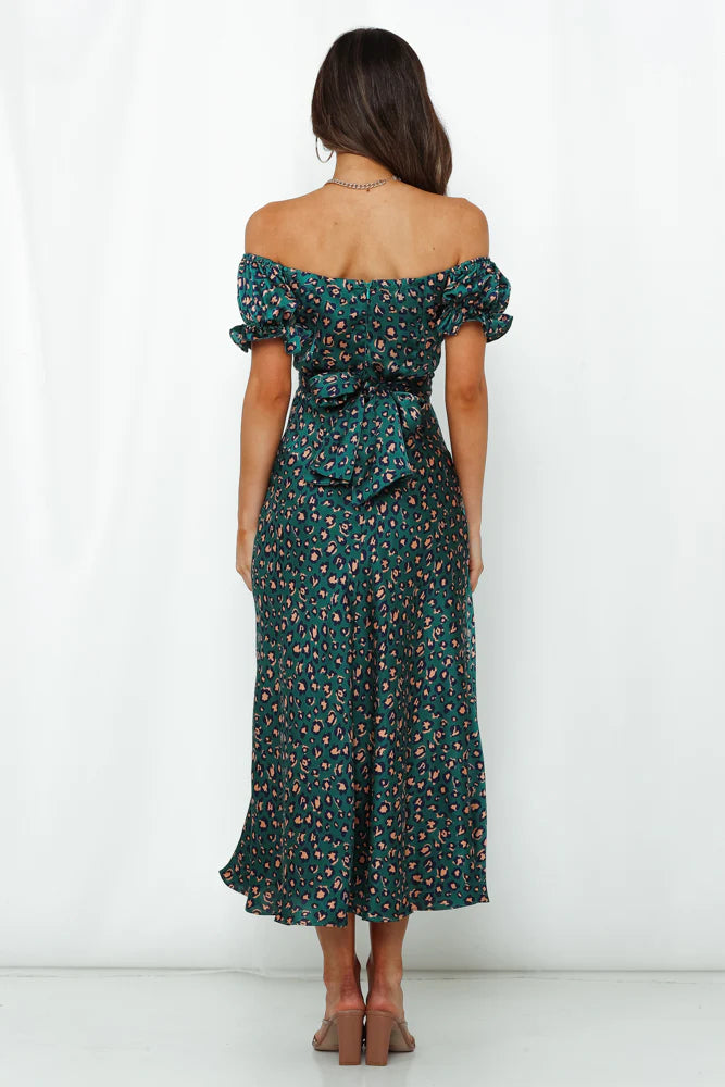 Green Leopard Print Off Shoulder Ruffle Midi Evening Dresses
