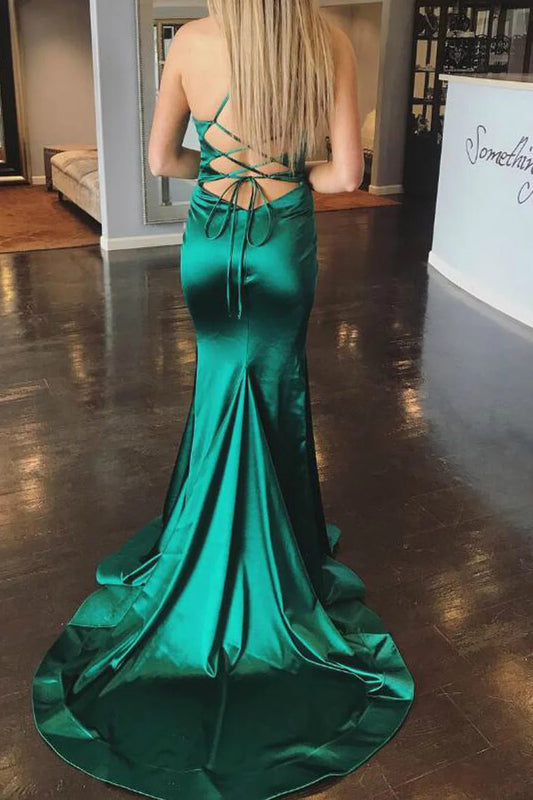 Green Mermaid Spaghetti Straps Satin Long Formal Prom Dress with Train