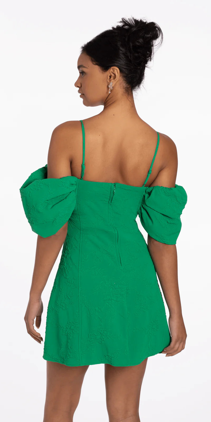 Green Off-the-Shoulder Puff Sleeve Textured Homecoming Dresses