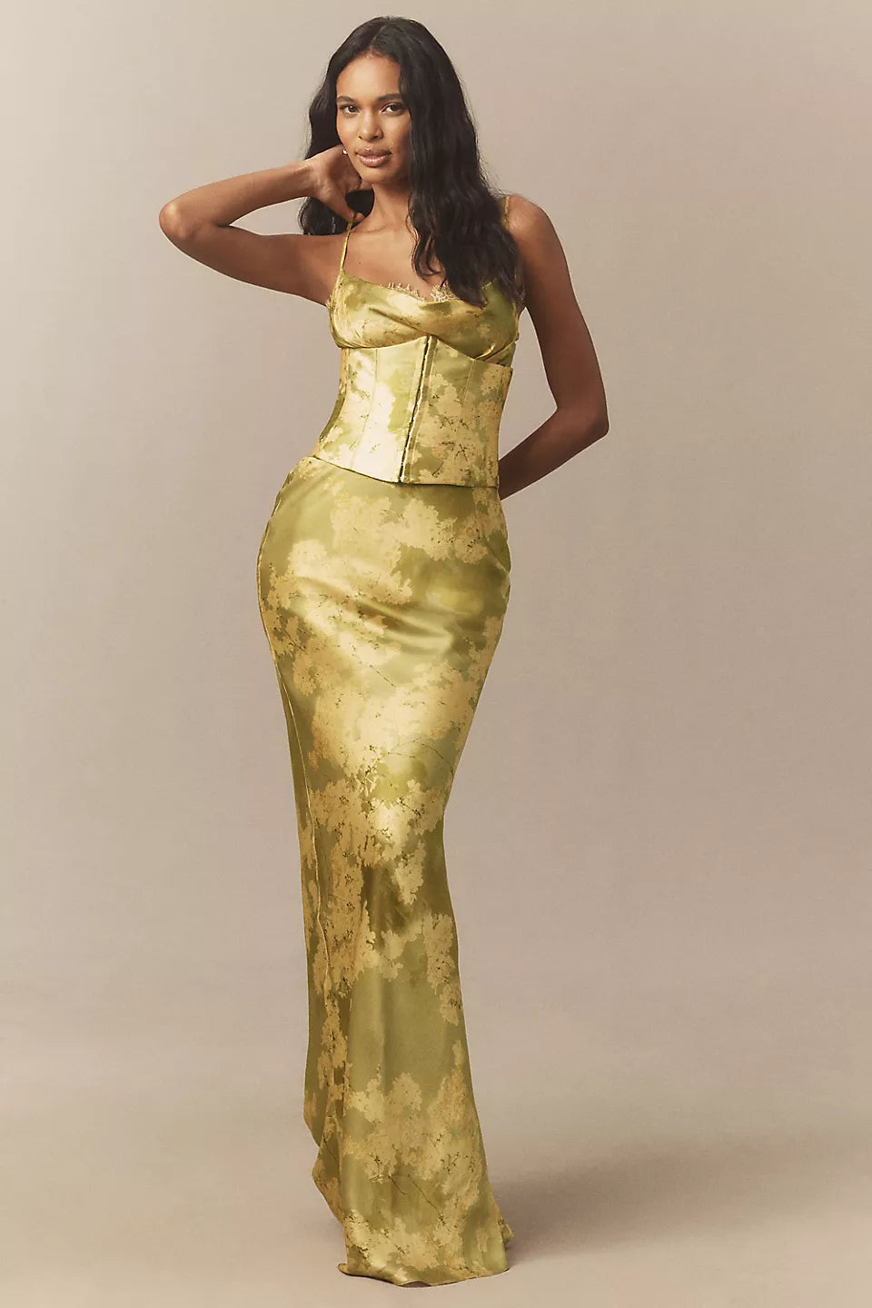Green Satin Floral Corset Two-Piece Maxi Evening Dresses with Lace Trim