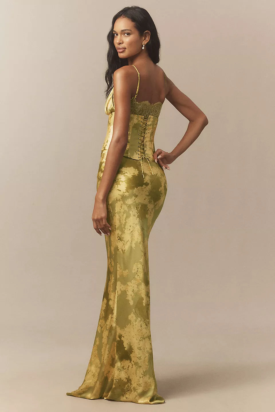 Green Satin Floral Corset Two-Piece Maxi Evening Dresses with Lace Trim