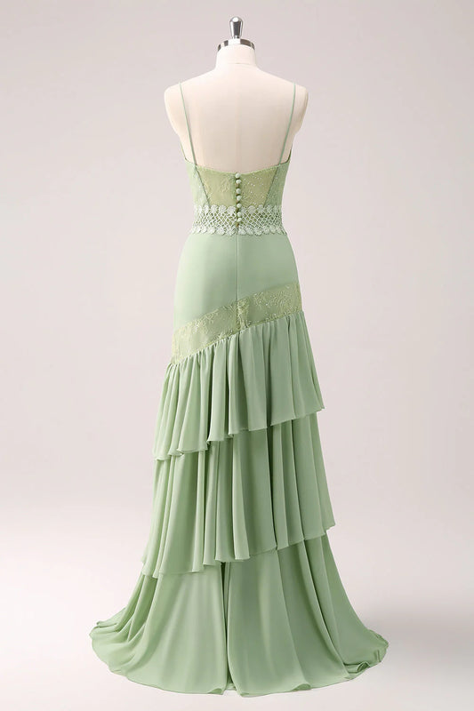 Green Sheath Floral Ruffled Chiffon Long Bridesmaid Dress