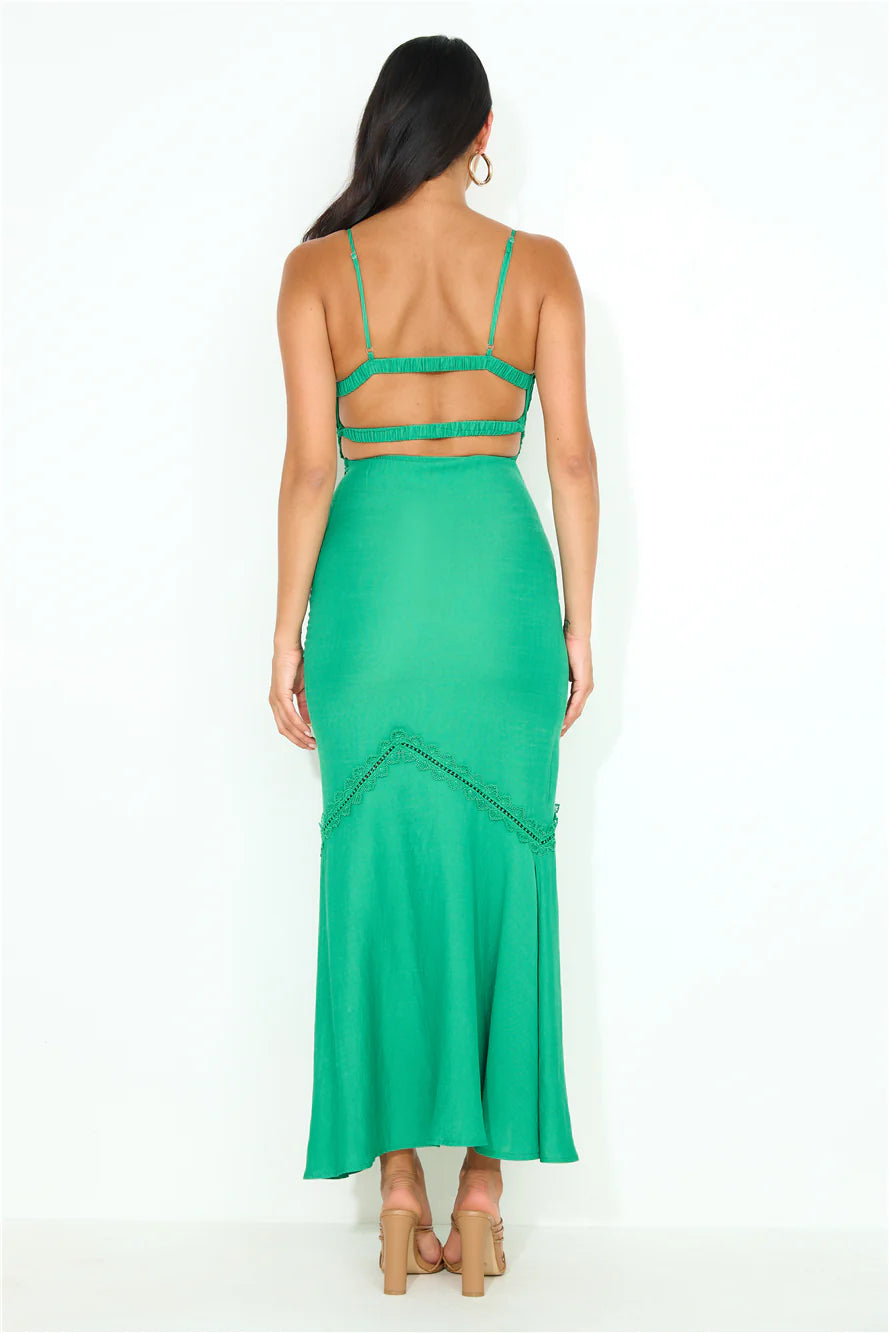 Green Spaghetti Strap Lace Trim Midi Evening Dresses