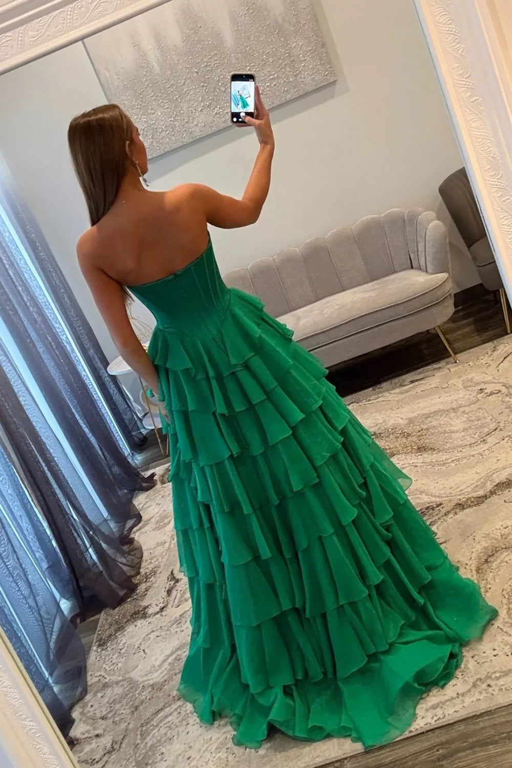 Green Strapless Lace Corset Tiered Ruffle Evening Dresses