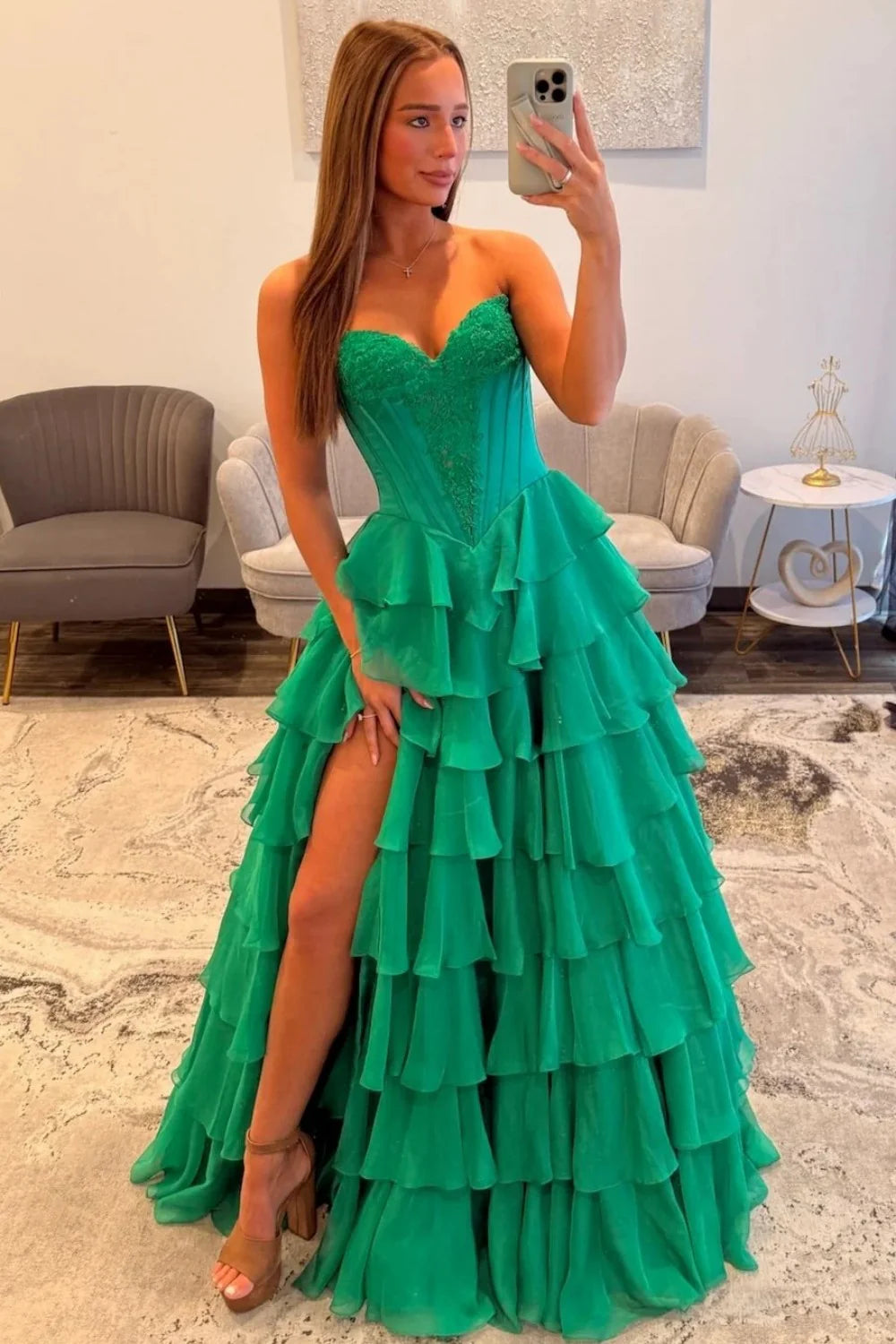Green Strapless Lace Corset Tiered Ruffle Evening Dresses