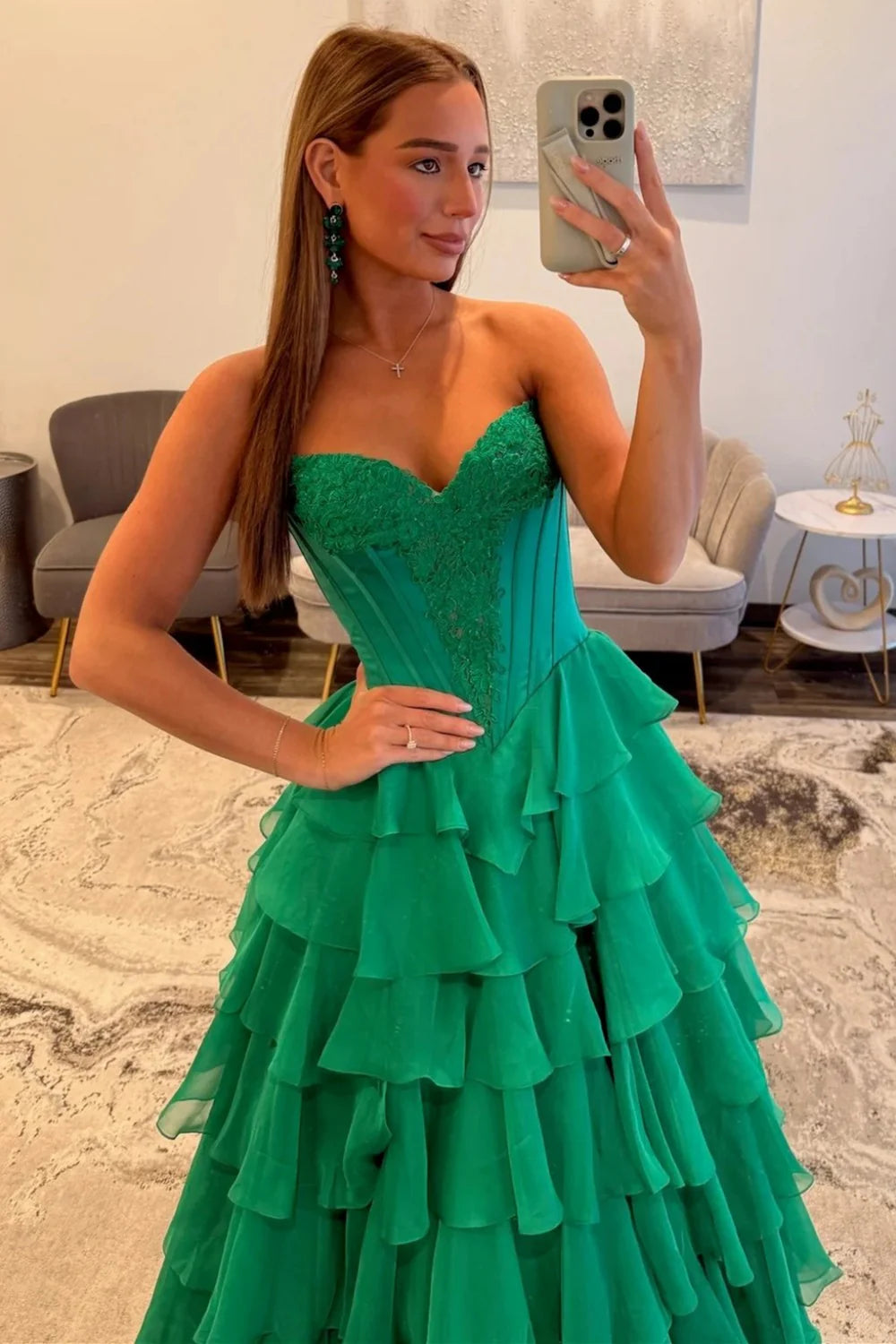 Green Strapless Lace Corset Tiered Ruffle Evening Dresses