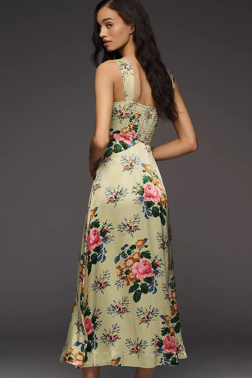Green Stripe Floral Print Satin Midi Evening Dresses with Smocked Back