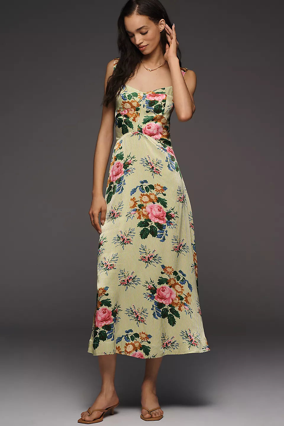 Green Stripe Floral Print Satin Midi Evening Dresses with Smocked Back
