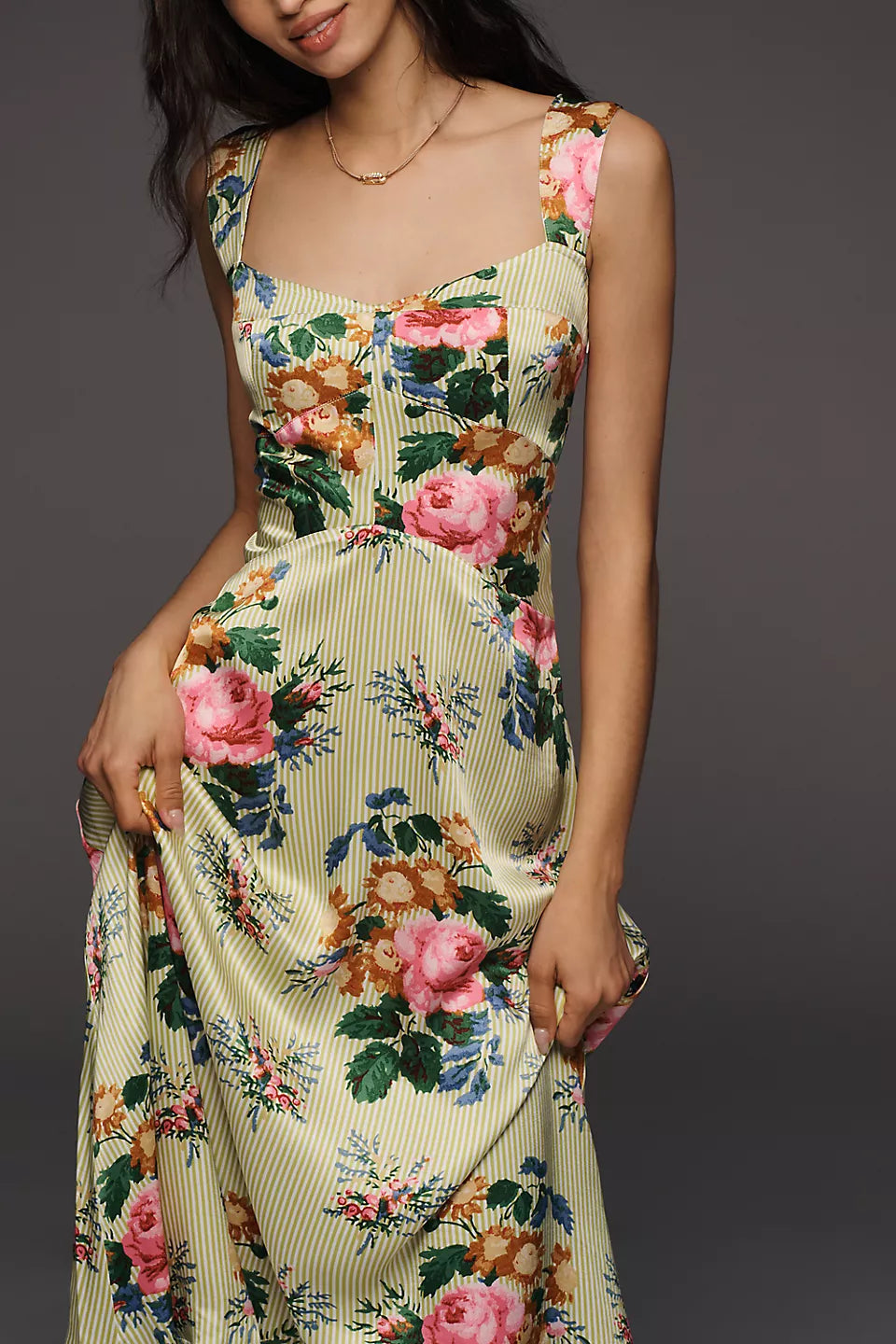 Green Stripe Floral Print Satin Midi Evening Dresses with Smocked Back
