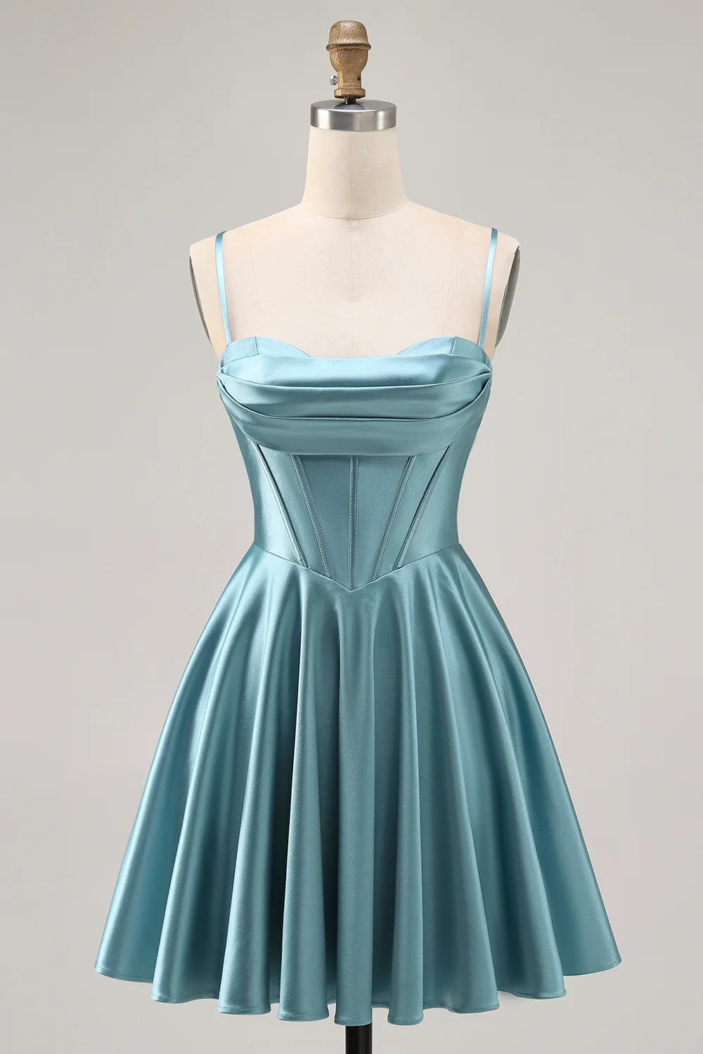Grey green A-line short homecoming dress with sweetheart corset bodice and lace-up back.