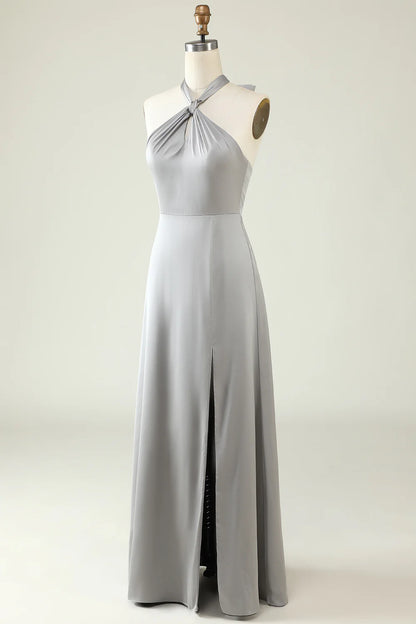 Grey A-Line Halter Backless Bright Satin Bridesmaid Dress with Slit