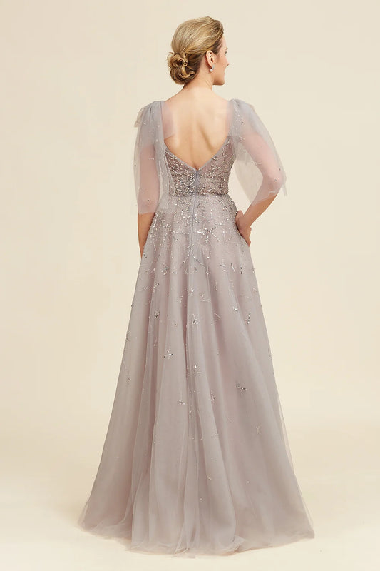 Grey A Line Beading Glitter Mother of Bride Dress